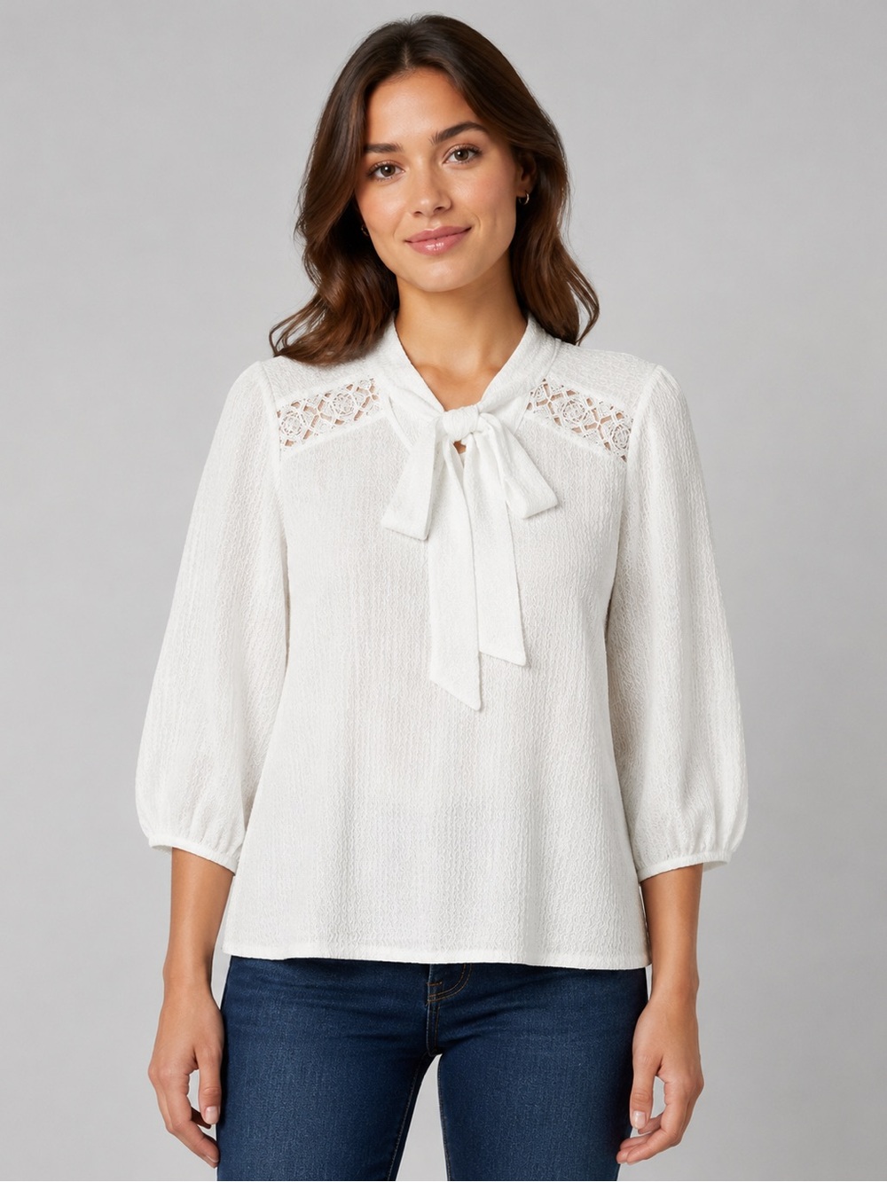 Cream Tie-Neck Lace Yoke Blouse